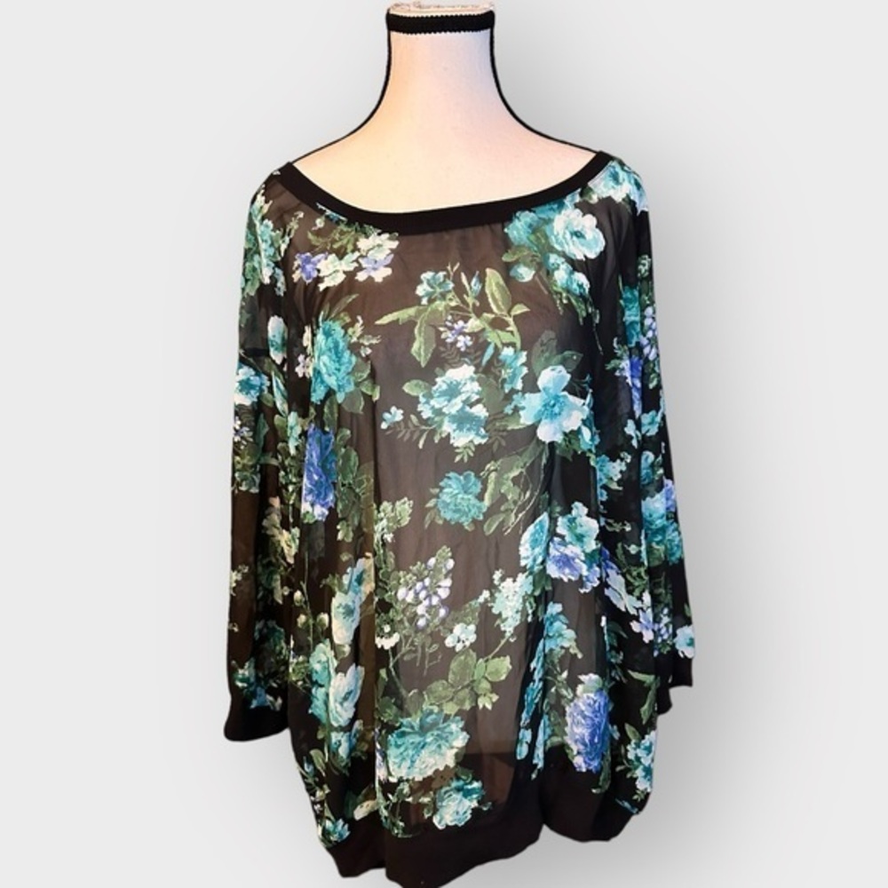Women’s Kristin Nicole 3X Semi Sheer Teal and Green Floral 3/4 Top 22 24